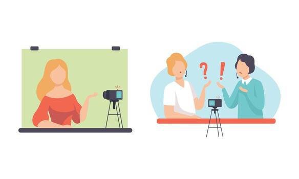 Man and Woman Blogger or Vlogger Making Content for Web Channel Set vector
