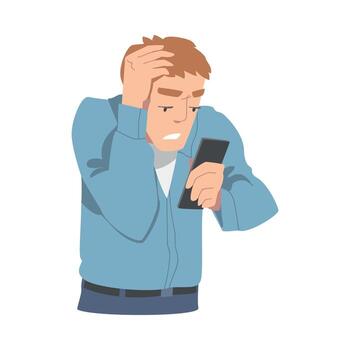Disappointed with Bad News Man Character Reading Message on Smartphone Illustration vector
