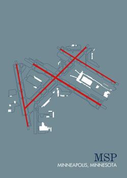 The image shows a stylized map of MSP airport in Minneapolis, Minnesota. The map is rendered in a minimalist style with a muted blue-gray background. The airport layout is outlined in white vector