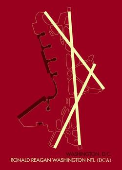 This image features a stylized map of Ronald Reagan Washington National Airport DCA in Washington, D.C. The map is rendered with a minimalist design, using a dark red background vector