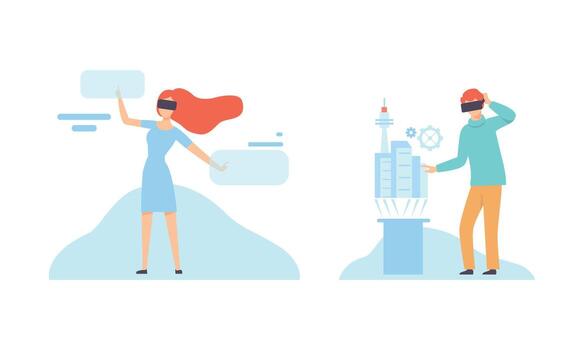 hombre y mujer personaje con aumentado realidad lentes utilizando inalámbrico digital tecnología conjunto vector