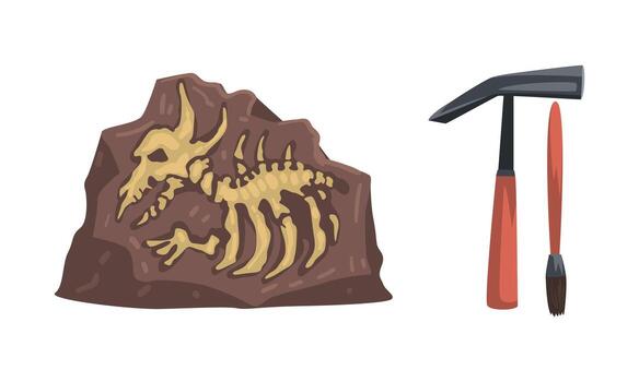 Fossilized skeleton with excavation tools vector