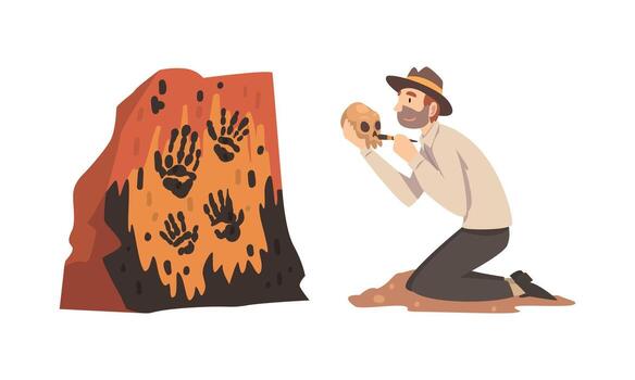 Archaeologist studying cave paintings and skull vector