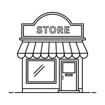 A minimalist line drawing depicts a quaint store building. The facade features a prominent sign reading 'STORE', an inviting doorway, and a display window, all set against a clean white backdrop. vector