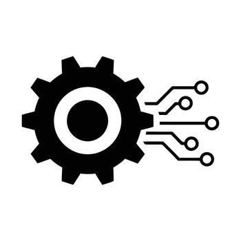 A black gear symbol seamlessly merges with electronic circuit board lines and nodes, representing the fusion of mechanical engineering and digital technology in modern innovation. vector