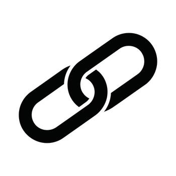 A simple, bold black icon depicting two interlinked chain segments, representing the concept of connection, unity, and strong relationships in a digital or physical context. vector