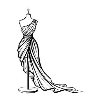 A hand-drawn sketch of a flowing, one-shoulder evening gown with intricate draping and a long train, presented on a tailor's mannequin against a clean white backdrop. vector