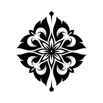 un sorprendentes negro ornamental floral patrón, meticulosamente hecho a mano con intrincado remolinos y simétrico pétalos, presentado limpiamente aislado en un puro blanco antecedentes para versátil usar. vector