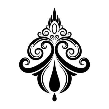 A sophisticated black damask flourish, featuring intricate swirls and a central teardrop shape, presented cleanly on a white backdrop for versatile design application. vector