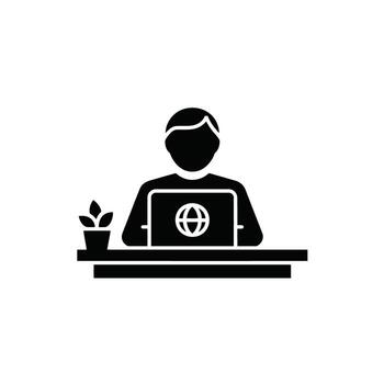 Man Working on Laptop with Globe Icon Modern Office Setting Monochrome Style Illustration vector