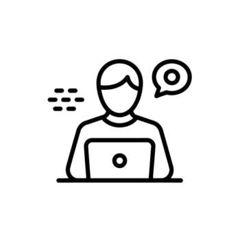 Person working on laptop with thought bubble and coding indicator showing professional focus and idea generation vector