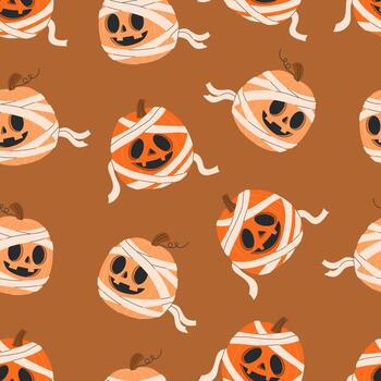 Cute Halloween seamless pattern with playful pumpkins in mummy wraps on a background. Ideal for spooky season fabrics, decor, prints, and digital projects. Repeat pattern in flat style. vector