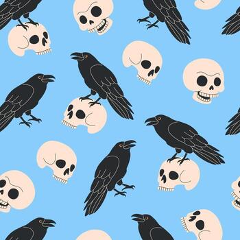 Víspera de Todos los Santos sin costura modelo con negro cuervos y calaveras en azul antecedentes. ideal para escalofriante temporada telas, decoración, huellas dactilares, digital proyectos repetir modelo en plano estilo. vector