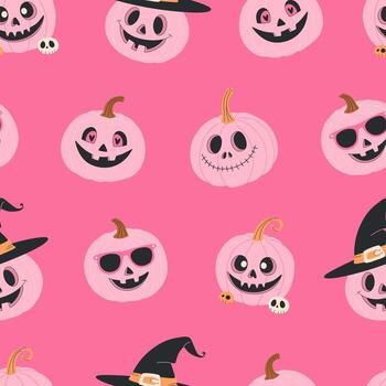 linda Víspera de Todos los Santos sin costura modelo con juguetón calabazas en bruja sombreros y Gafas de sol en antecedentes. ideal para escalofriante temporada telas, decoración, huellas dactilares, digital proyectos repetir modelo en plano estilo. vector