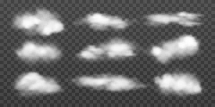 Set of realistic clouds in various forms. Isolated elements with overlay effect. White cumulus clouds, steam, smoke or fog. Cloudy texture, fire smoke wave or smoking explosion. vector
