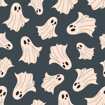 Cute Halloween seamless pattern with playful flying ghosts on a dark background. Ideal for spooky season fabrics, decor, prints, and digital projects. Simple tile in flat style. vector