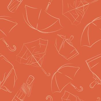 pattern of rain umbrellas in different states and shapes, open, closed and deformed in line art style on an orange background vector