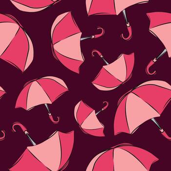 Pattern of protective pink umbrellas from rain in the open state in line art style on a dark pink background vector