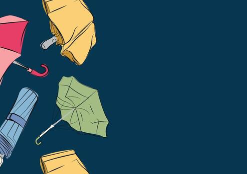 poster of rain umbrellas in different states and shapes, open, closed and deformed in line art style and with colored spots behind on a blue background vector