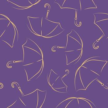 Pattern of open rain umbrellas in line art style drawn with different yellow outlines on a purple background vector