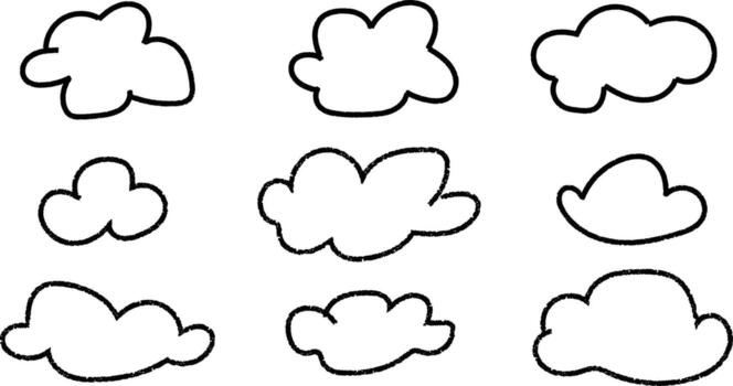 colección de resumido dibujos animados nubes en varios formas y tamaños conjunto vector