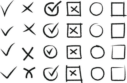 Check mark cross circle square hand drawn illustration set design vector