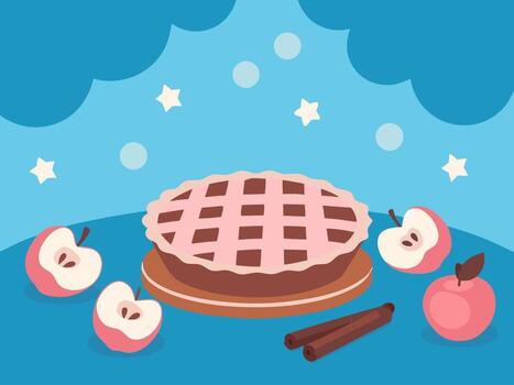Fresh Apple Pie With Cinnamon Sticks And Sliced Fruit On Blue Table Creating A Warm Cozy Dessert Scene For Baking And Autumn Comfort Food Themes vector