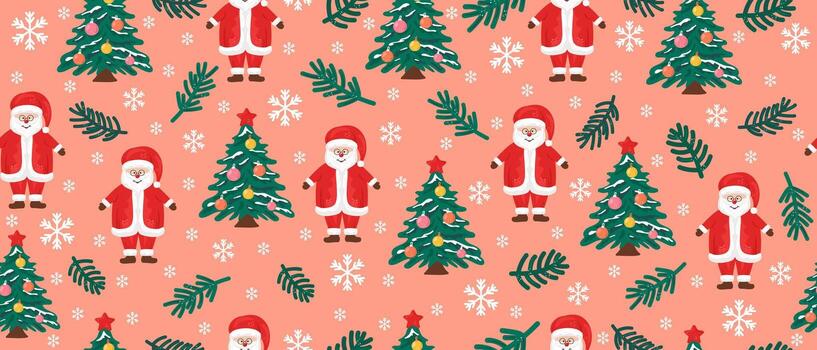 Seamless pattern with Santa Claus and a Christmas tree. Festive winter pattern for wrapping paper, fabric, or backgrounds. vector