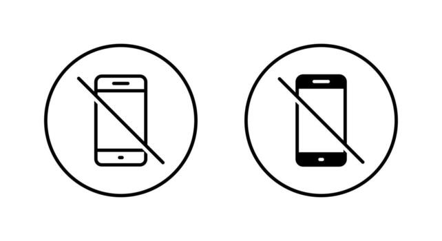 Phone use not allowed icon. No smartphone symbol in circular outline. Mobile device prohibited sign for quiet area, meeting room, or exam zone vector