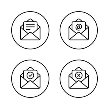 Email envelope icon in circular outline. Document insert, mail symbol, verified message, and failed message vector