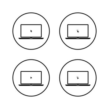Laptop with mouse cursor icon set in circular outline. Computer screen showing pointer and click action vector