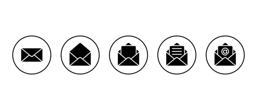 Email envelope icon set. Close, open mail, incoming letter, text message, and inbox with mention symbol in circular outline vector