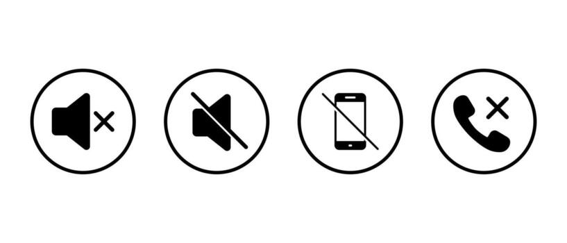 Mute speaker, no mobile phone, and call cancel icon. Silence, do not disturb, and telephone disable symbol in circular outline vector