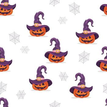 sin costura Víspera de Todos los Santos modelo con calabazas en bruja sombreros y telarañas vector