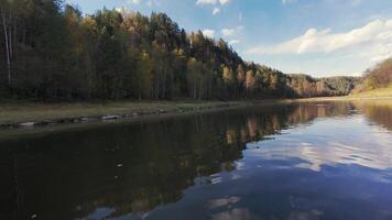 een rustig herfst rivier- tafereel vitrines levendig gebladerte reflecterend in kalmte wateren, creëren een ideaal instelling voor natuur projecten en uitnodigend kijkers naar onderdompelen in haar vredig sfeer video