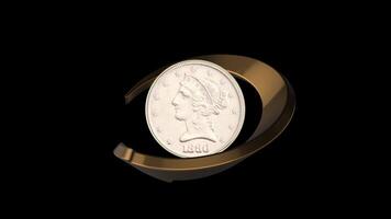 1880 förenad stater 5 cent mynt med roterande gyllene pil årgång oss mynt visas med en gyllene pil cirkulerande runt om Det, skapande en eleganta roterande effekt. video
