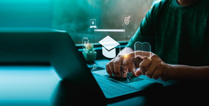 Person Using Tablet with E-Learning Icons Representing Online Education, Distance Learning, and Digital Tools for Student Success and Virtual Learning Platforms, Personal development concep photo