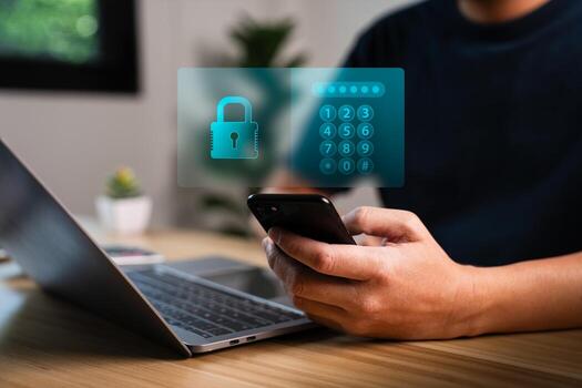 Cybersecurity and mobile data protection concept with person entering PIN code on smartphone, secure digital lock symbol, and virtual keypad overlay to illustrate privacy, encryption, and secure login photo
