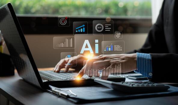 Businessman using AI-powered analytics dashboard on laptop, futuristic technology interface for business data analysis, performance tracking, automation, digital transformation, decision intelligence photo
