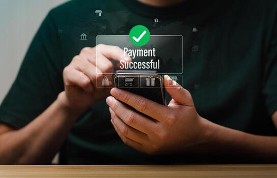 Mobile Online Payment and Digital Financial Transaction Success Concept with Man Using Smartphone and Laptop for E-commerce Secure Checkout and Mobile Banking System Technology photo