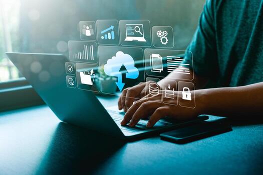 Cloud data storage management with secure document file upload, backup, digital transformation, big data analysis, business intelligence, secure cloud computing, cybersecurity, data privacy technology photo