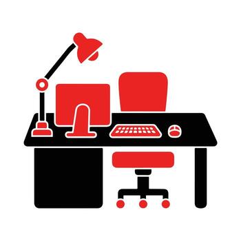 un limpiar y moderno escritorio preparar con un computadora, lámpara, y silla, representando un espacio de trabajo o hogar oficina ambiente vector