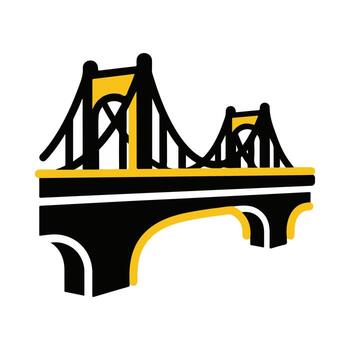 A bold, stylized graphic icon of a large suspension bridge, depicted in a striking yellow and black color scheme. An architectural symbol of connection and engineering vector