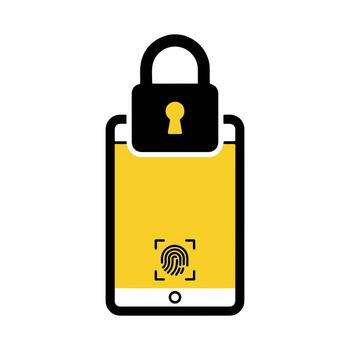 Illustration of robust mobile security, depicting a padlock and a fingerprint icon for biometric authentication, signifying comprehensive digital data protection and user privacy vector