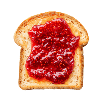 Slice of toasted bread with red raspberry jam front view isolated on transparent background png