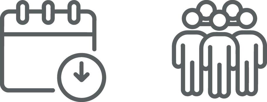 Calendar icon with down arrow and group of people icon simple outline design vector
