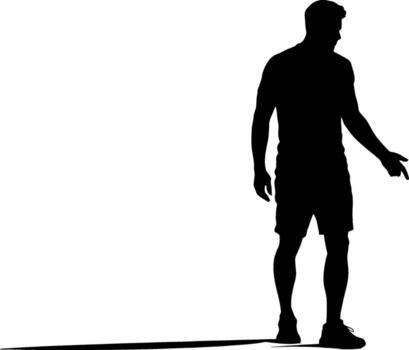 silueta de un en pie hombre señalando su dedo con un largo sombra emitir adelante vector