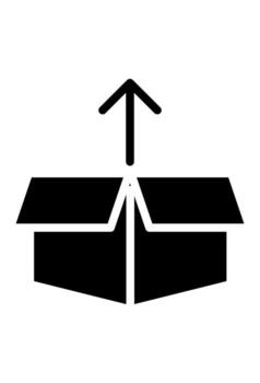 Solid black icon of a box with an arrow. An open cardboard box with an upward arrow. Filled icon of an open box and an arrow. vector