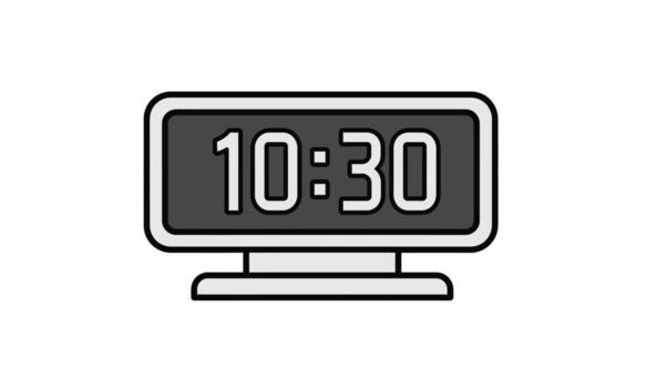 Stylized digital alarm clock icon with a light gray frame and stand, displaying the time 10 -30 on a dark screen. vector