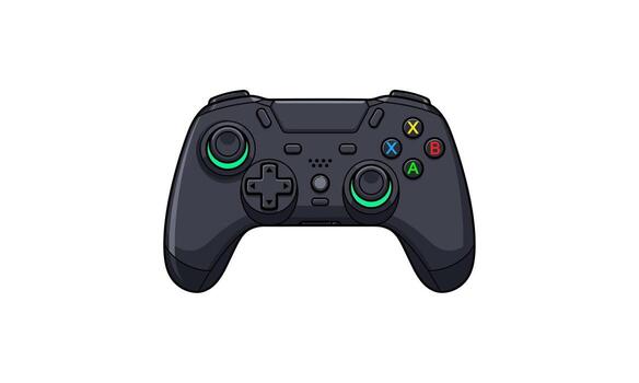 Sleek black wireless game controller with vibrant green illuminated joysticks and colorful action buttons. vector
